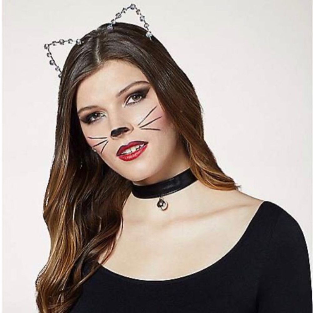 Spirit Halloween Rhinestone Cat Ears Headband Silver Chrome Costume NWT